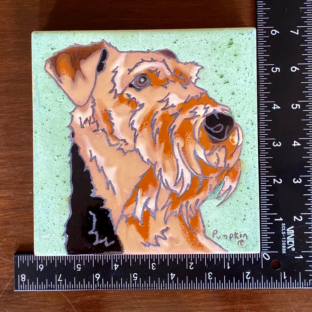 Hand Painted Tile by Pumpkin Wire Airedale Terrier 6” x 6" Dog Tile Trivet EUC